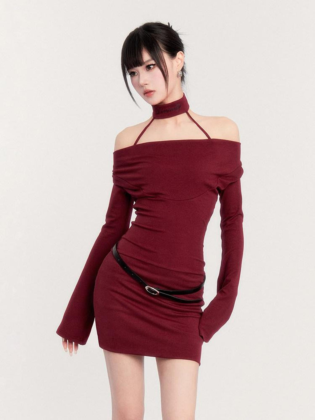 VOCK Choker Plunging Neckline Bell Sleeve Women's Knit Bodycon Mini Dresses