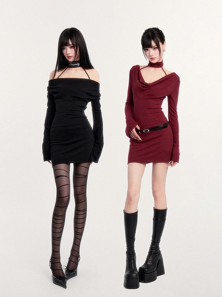 VOCK Choker Plunging Neckline Bell Sleeve Women's Knit Bodycon Mini Dresses