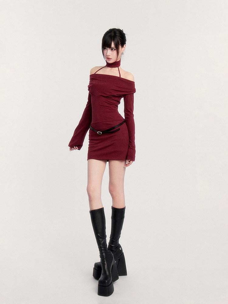 VOCK Choker Plunging Neckline Bell Sleeve Women's Knit Bodycon Mini Dresses