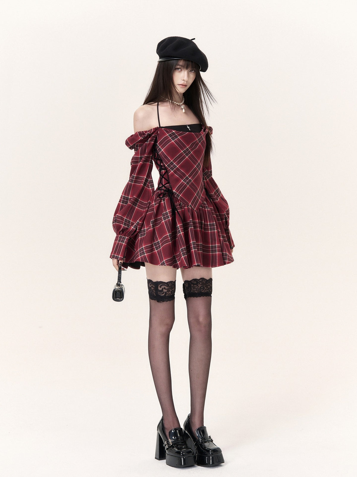 VOCK_Color_Block_Lantern_Sleeve_High_Waist_Women's_Halter_Mini_Dresses_1080512451101_MISSTT