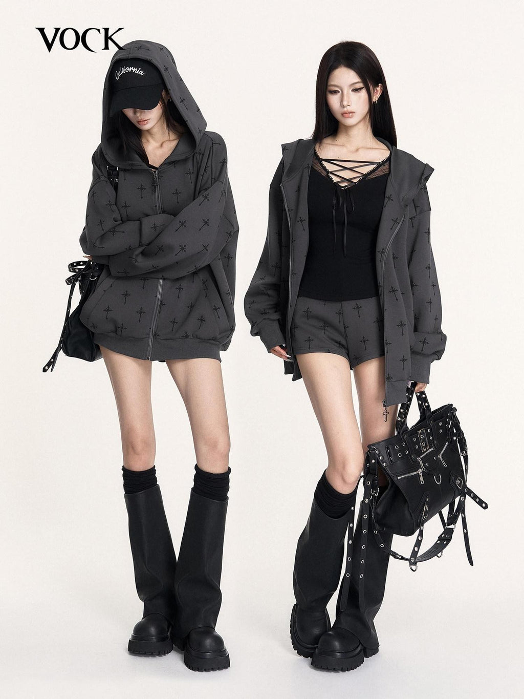 VOCK Colorblock Print Ribbed Hooded Zip Women's Poly Cotton Casual Top & Shorts Sets