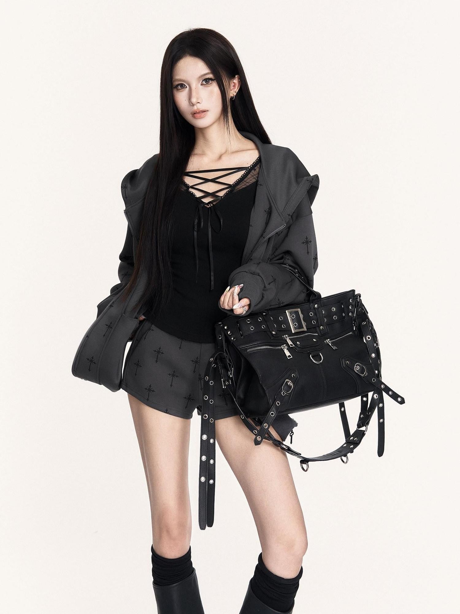 VOCK Colorblock Print Ribbed Hooded Zip Women's Poly Cotton Casual Top & Shorts Sets