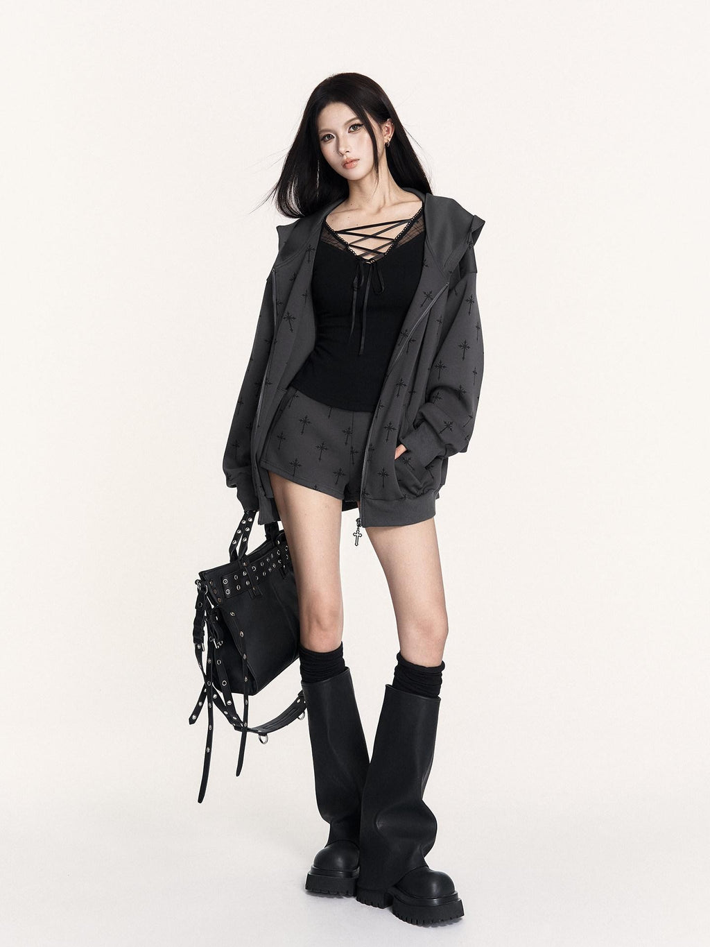 VOCK Colorblock Print Ribbed Hooded Zip Women's Poly Cotton Casual Top & Shorts Sets