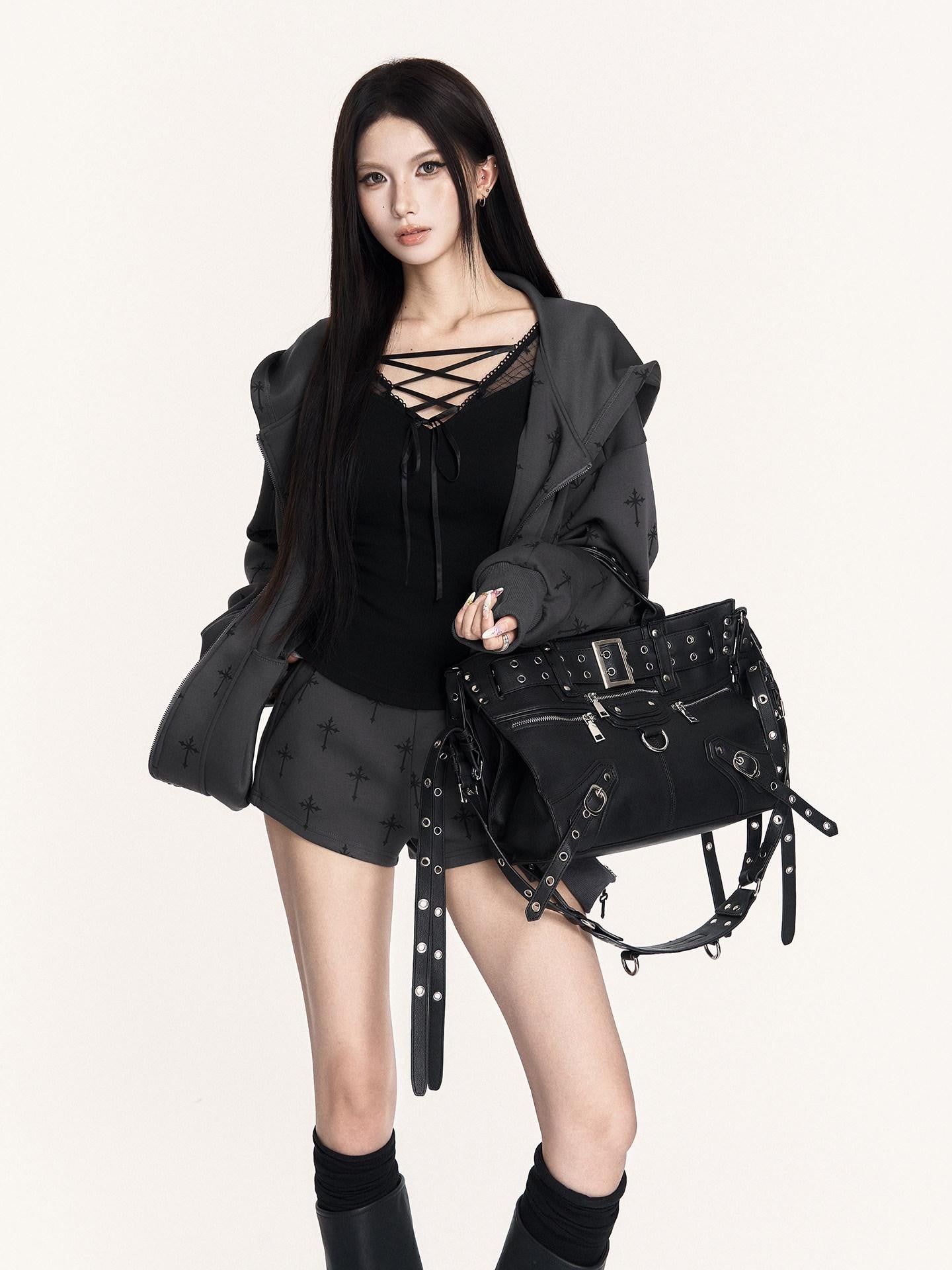 VOCK Colorblock Print Ribbed Hooded Zip Women's Poly Cotton Casual Top & Shorts Sets
