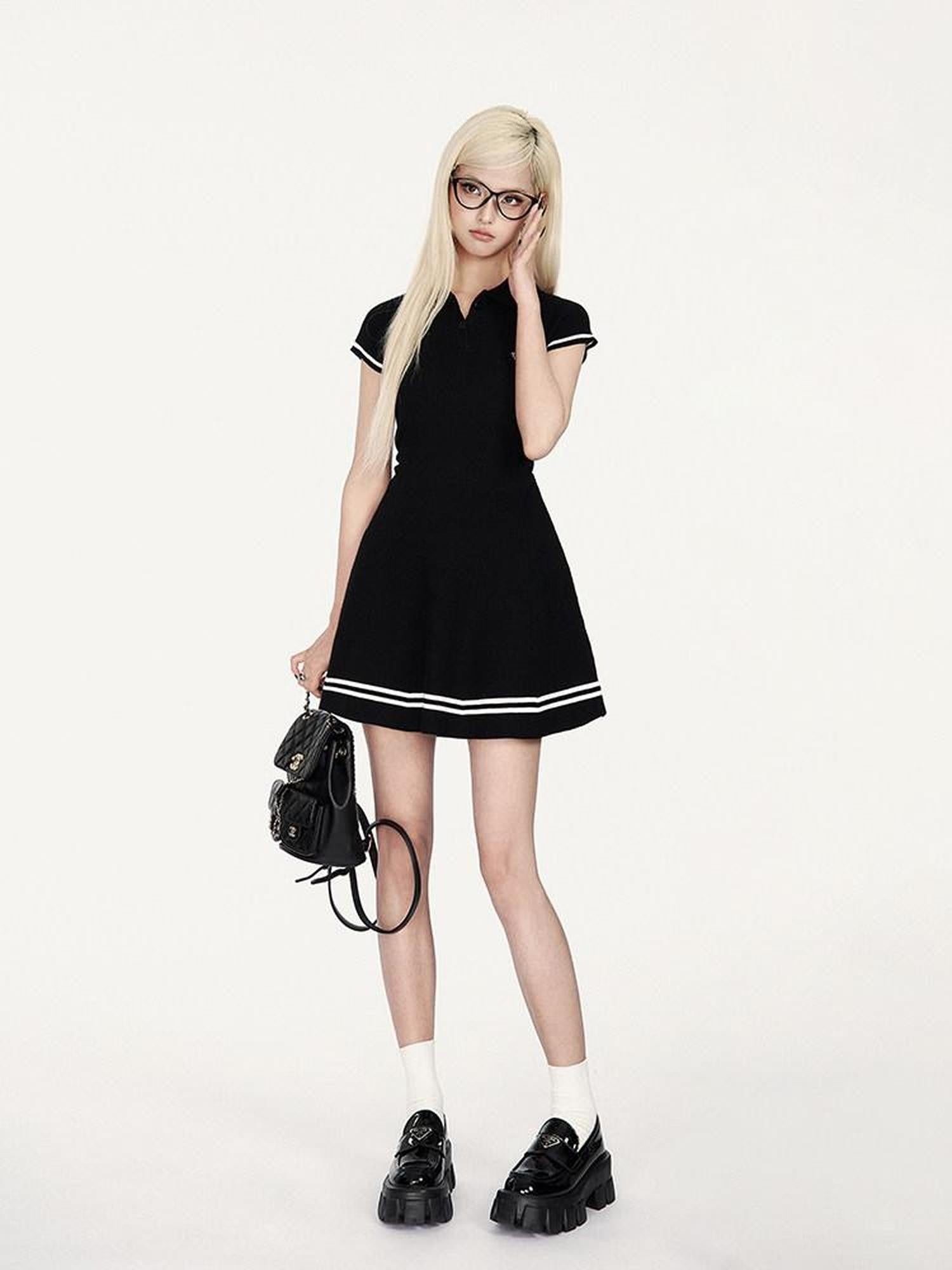 VOCK Contrast Polo Collar A Line Knit Short Sleeve Women's Casual Mini Dresses