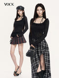 VOCK Cropped Ruffle Square Tie Slim Knit Women's Poly Knit Long Sleeve T-shirts
