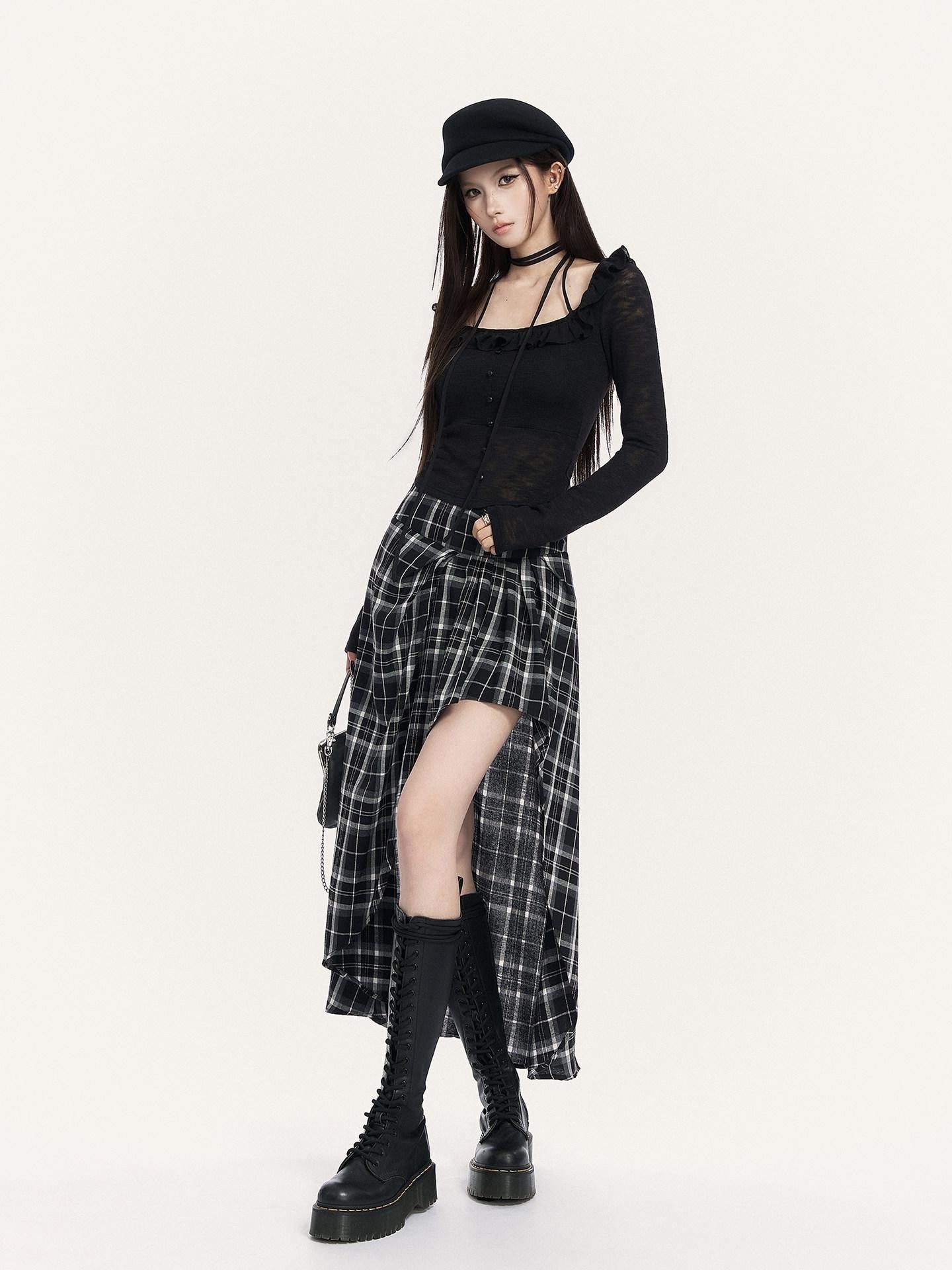 VOCK Cropped Ruffle Square Tie Slim Knit Women's Poly Knit Long Sleeve T-shirts
