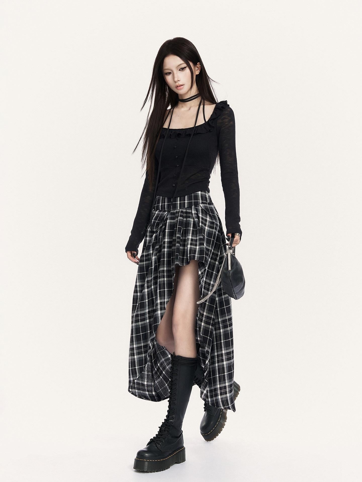 VOCK Cropped Ruffle Square Tie Slim Knit Women's Poly Knit Long Sleeve T-shirts