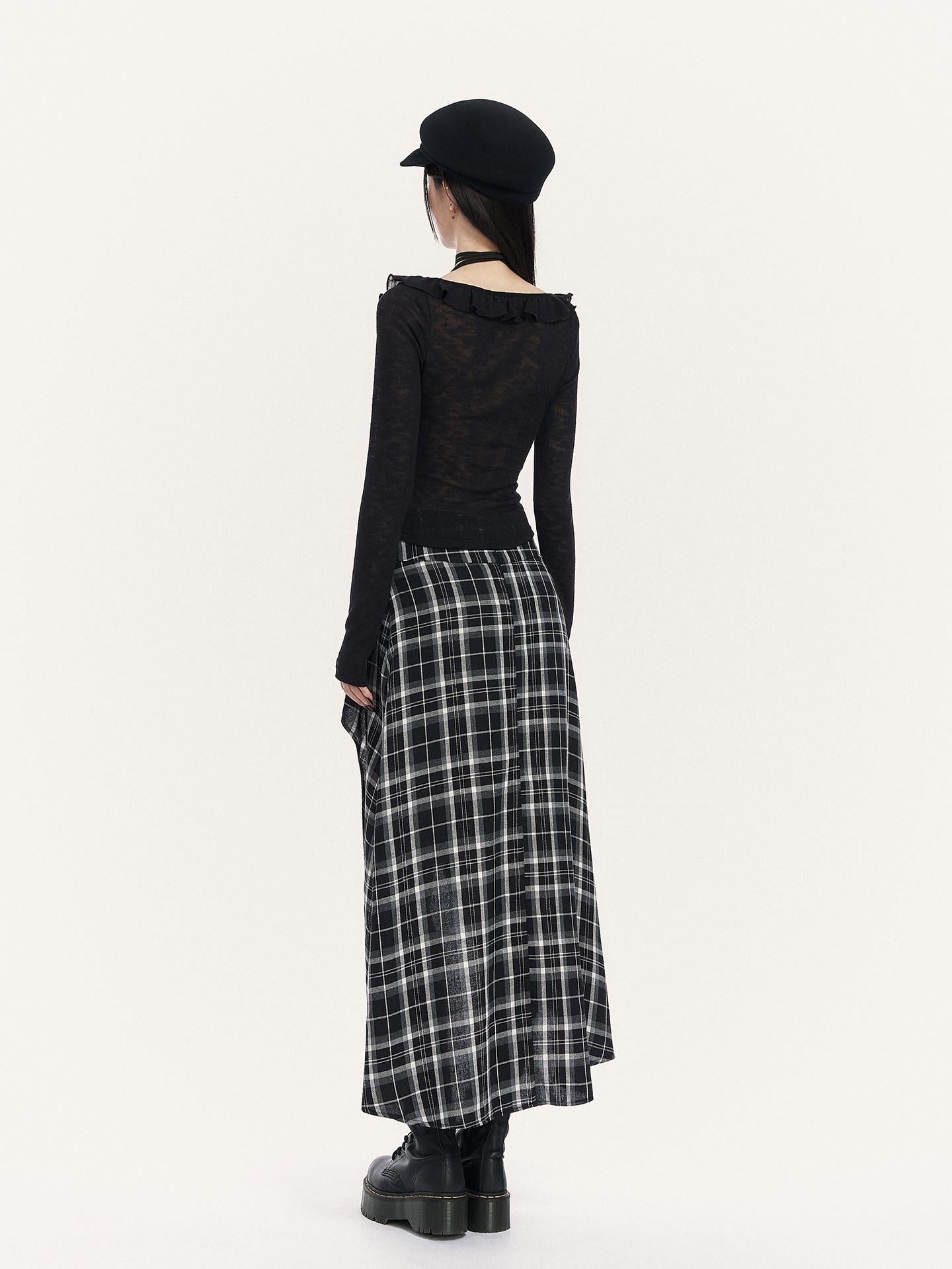 VOCK Cropped Ruffle Square Tie Slim Knit Women's Poly Knit Long Sleeve T-shirts