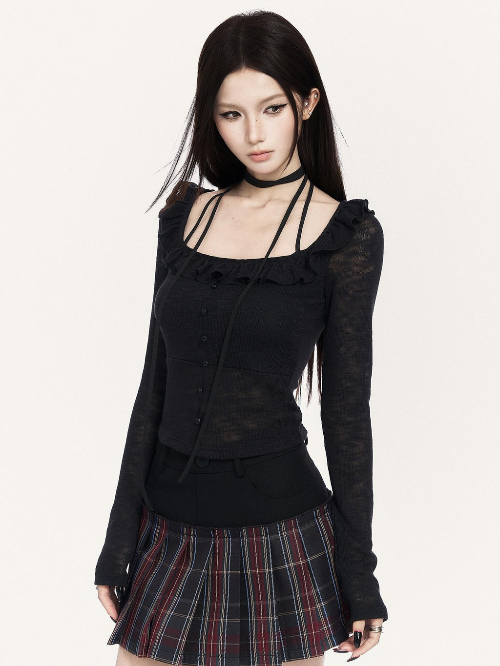 VOCK Cropped Ruffle Square Tie Slim Knit Women's Poly Knit Long Sleeve T-shirts