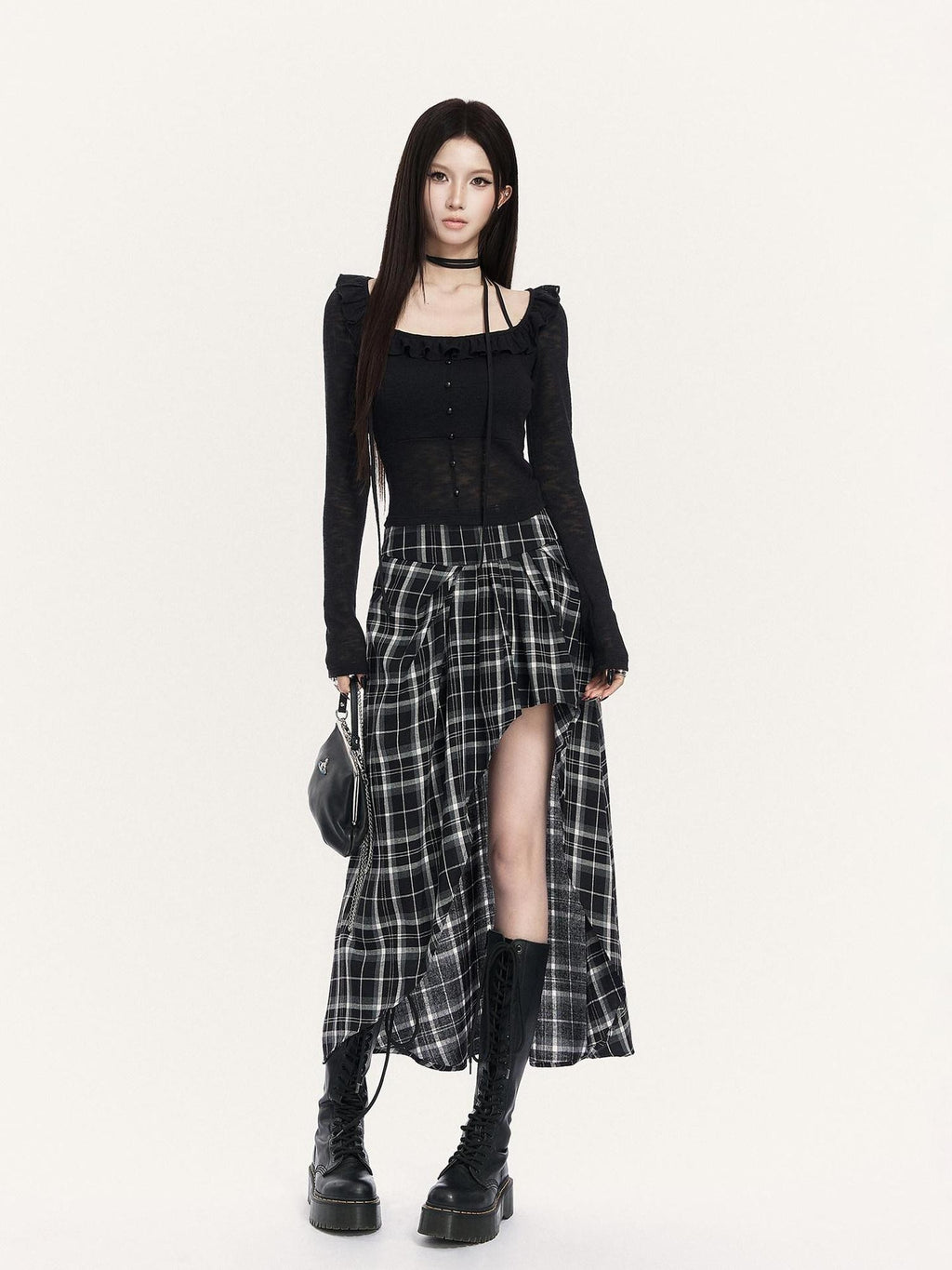 VOCK Cropped Ruffle Square Tie Slim Knit Women's Poly Knit Long Sleeve T-shirts