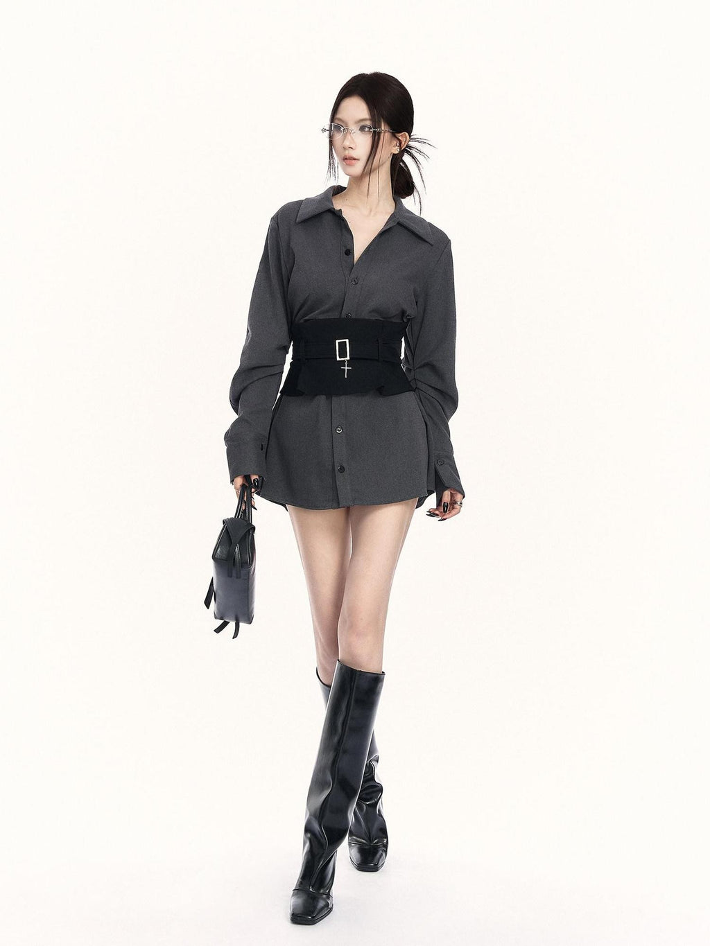 VOCK Cross Waist Belt Pleated Buttoned Women's Poly Blend Midlength Blouses