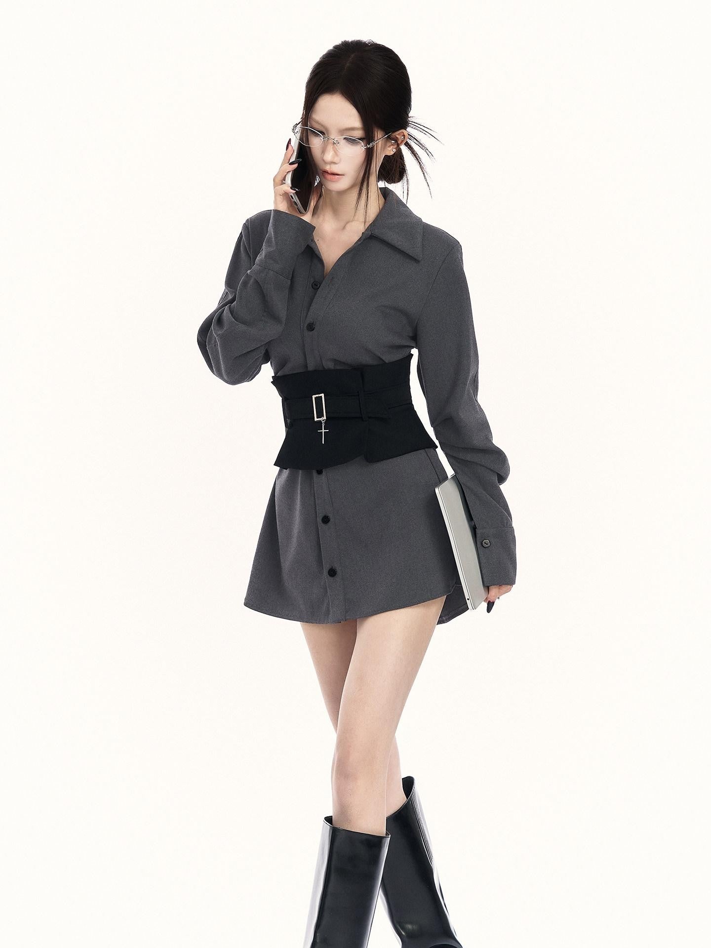 VOCK Cross Waist Belt Pleated Buttoned Women's Poly Blend Midlength Blouses