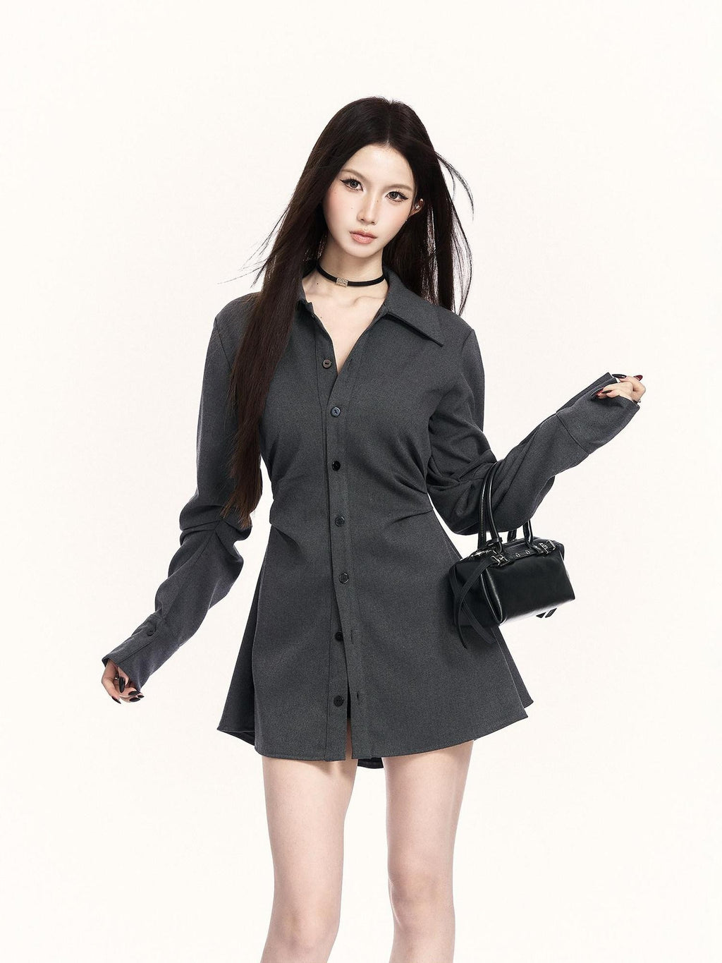 VOCK Cross Waist Belt Pleated Buttoned Women's Poly Blend Midlength Blouses
