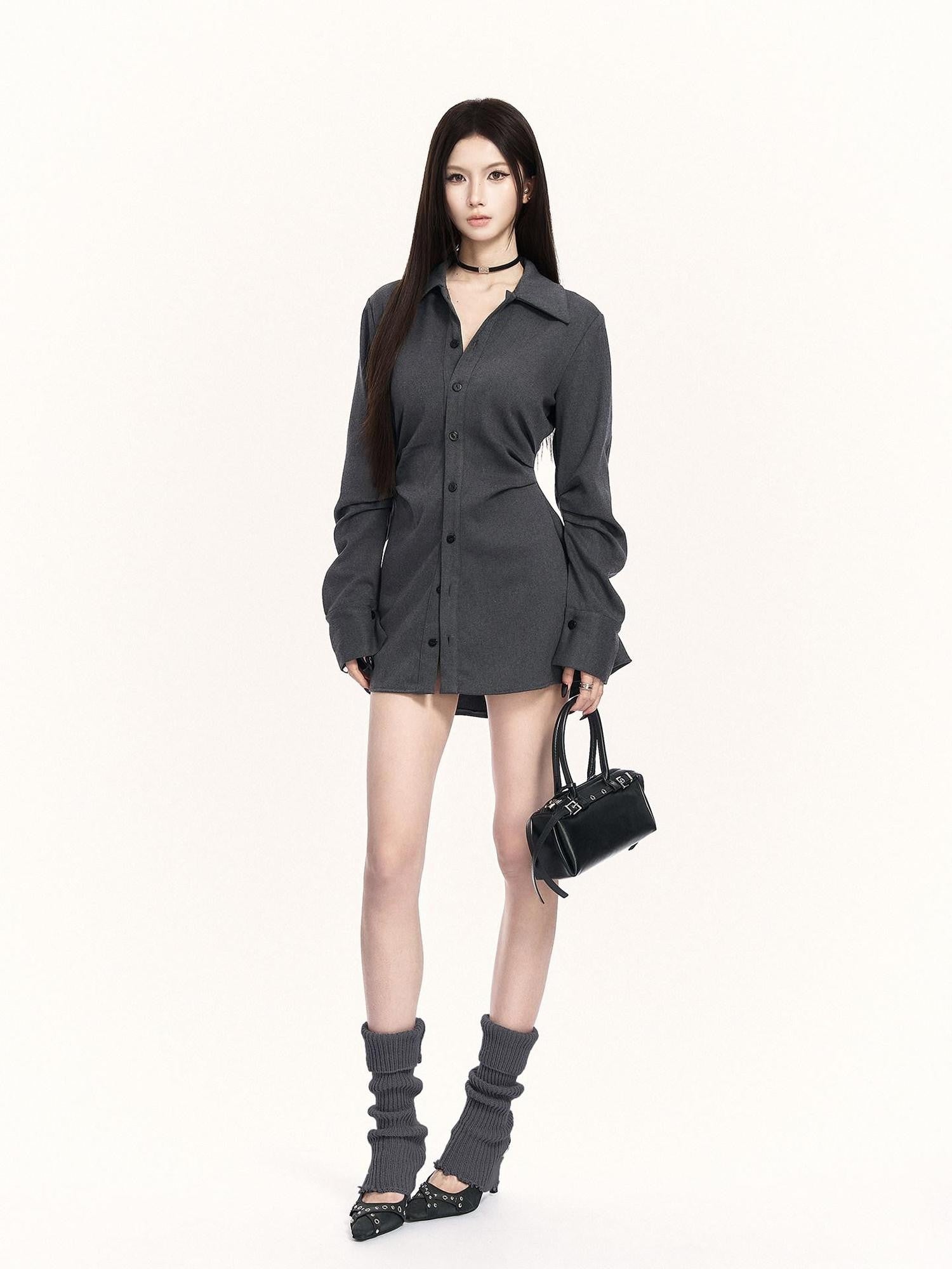 VOCK Cross Waist Belt Pleated Buttoned Women's Poly Blend Midlength Blouses