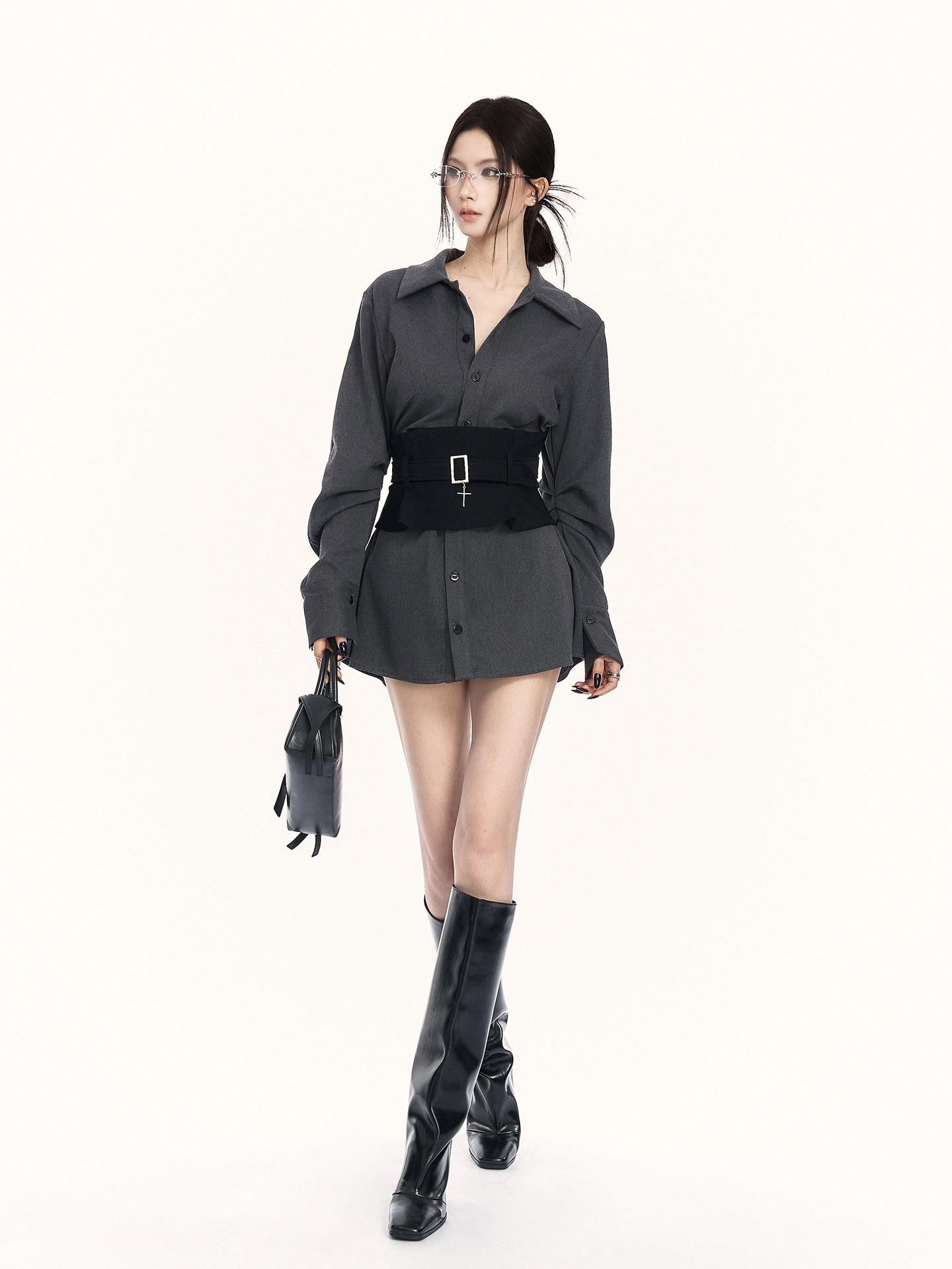 VOCK Cross Waist Belt Pleated Buttoned Women's Poly Blend Midlength Blouses