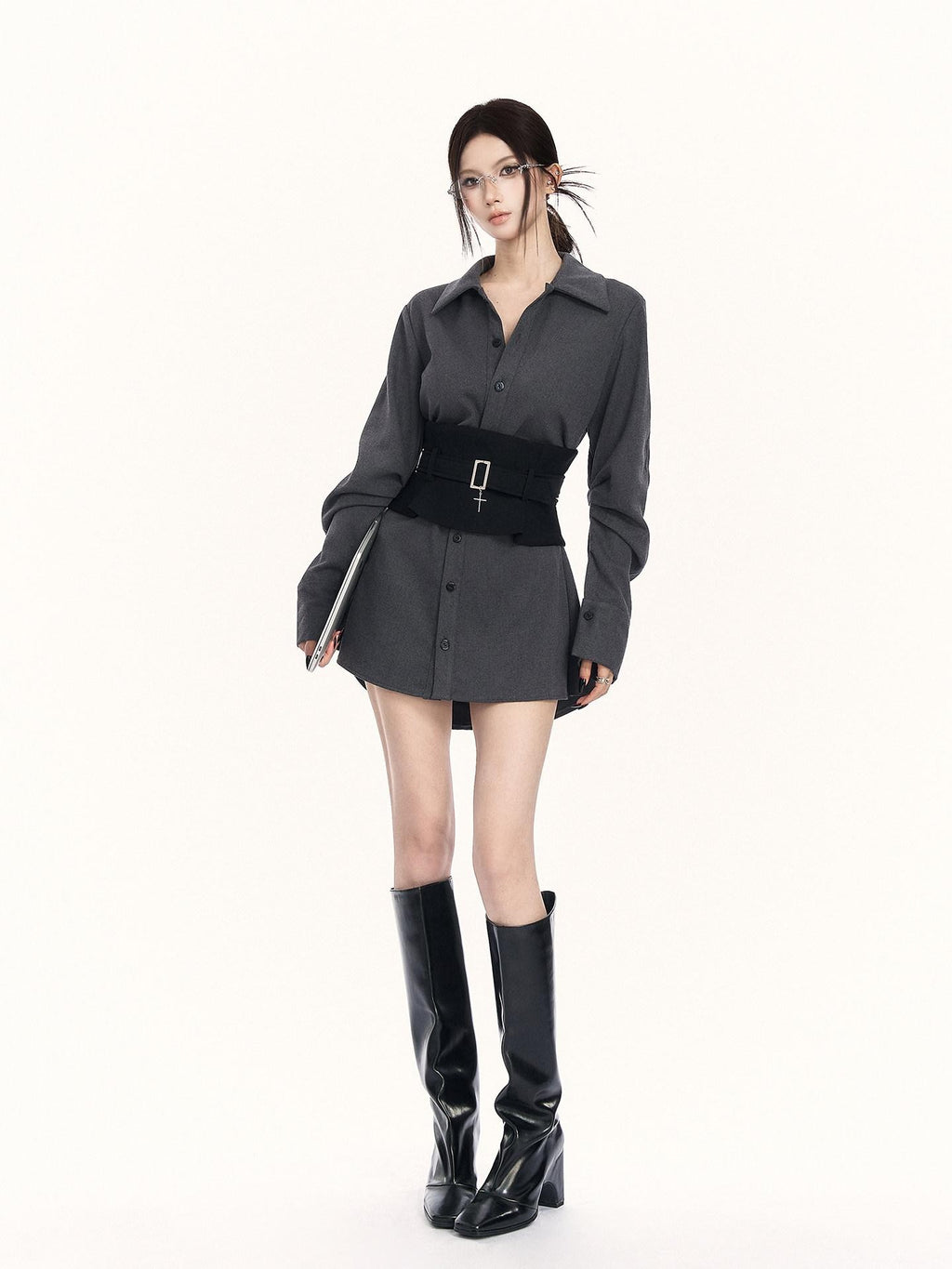 VOCK Cross Waist Belt Pleated Buttoned Women's Poly Blend Midlength Blouses