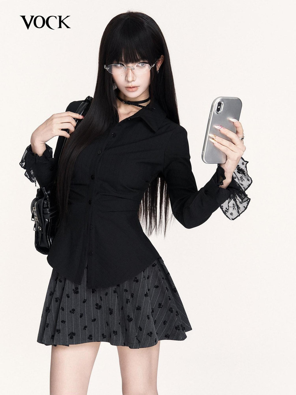 VOCK Dark Academy Striped Lace Patchwork Cinched Waist Women's Cotton Blend Shirts