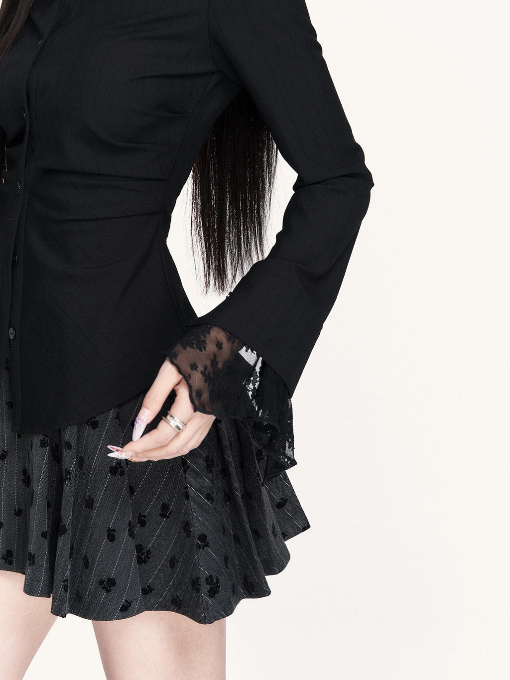 VOCK Dark Academy Striped Lace Patchwork Cinched Waist Women's Cotton Blend Shirts