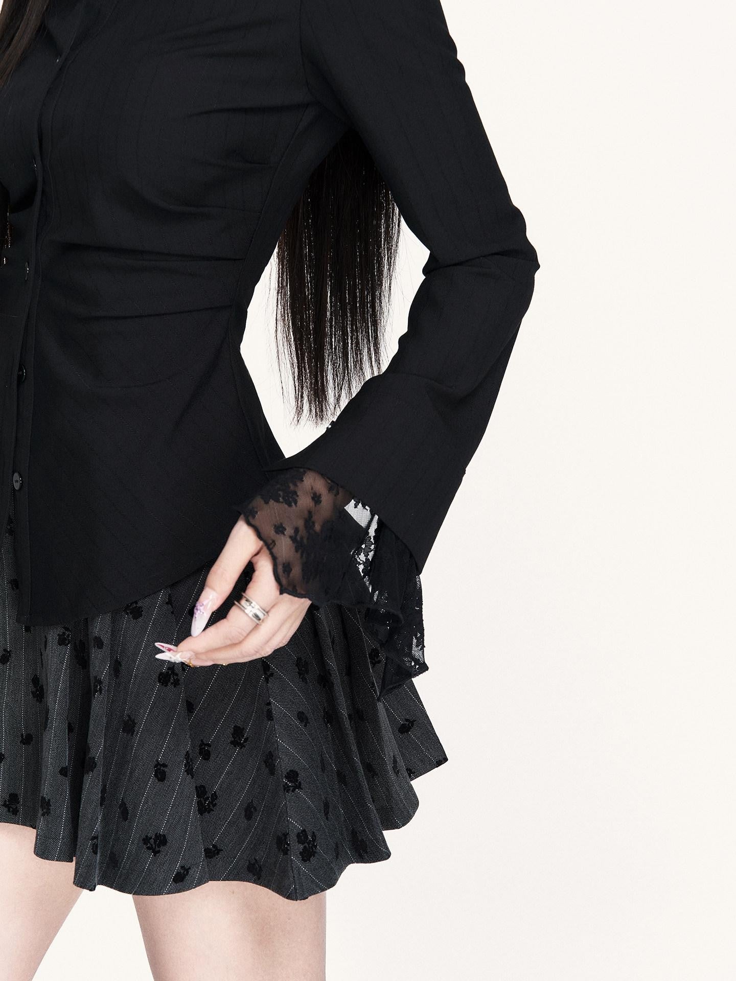 VOCK Dark Academy Striped Lace Patchwork Cinched Waist Women's Cotton Blend Shirts