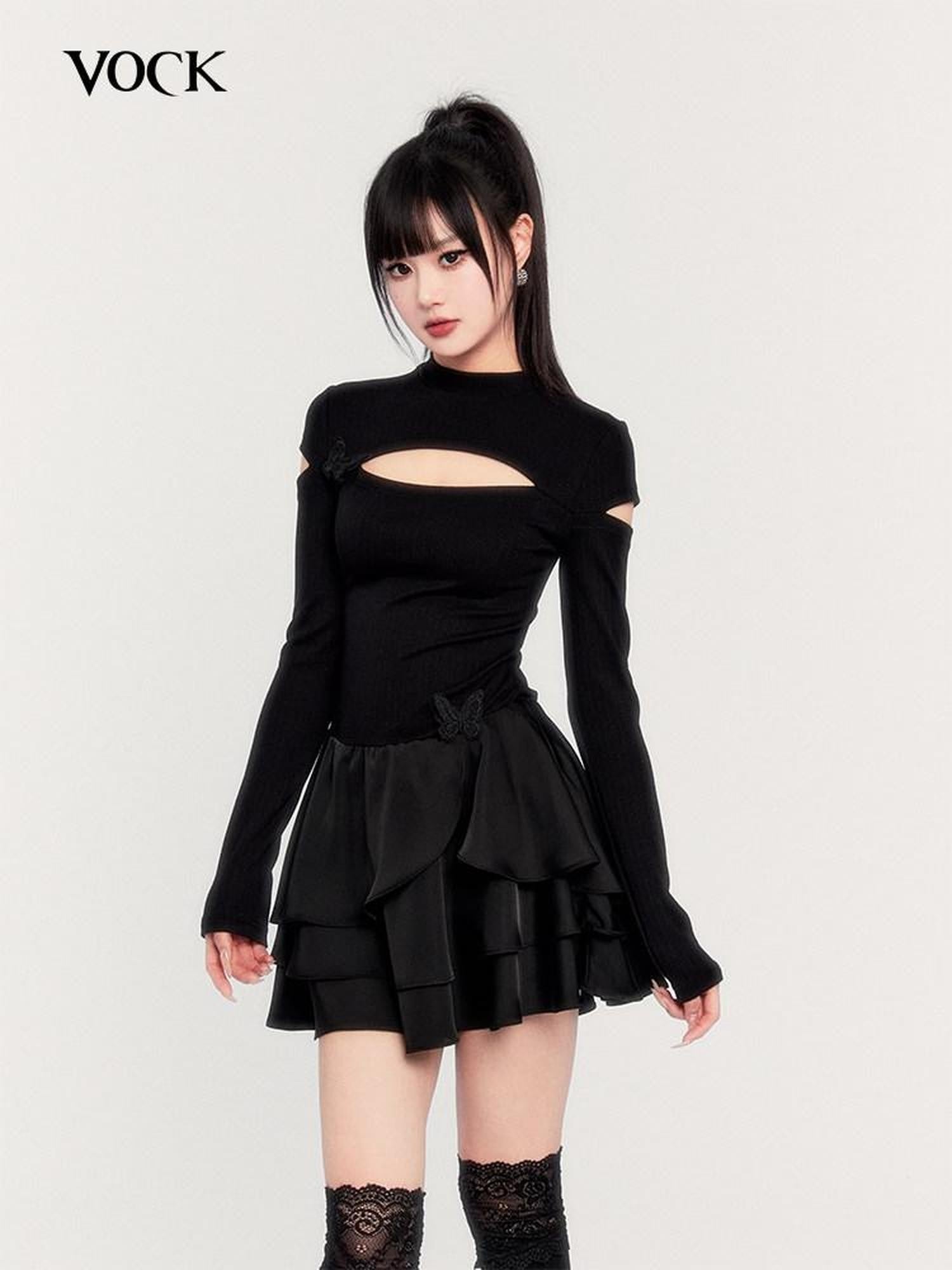 VOCK Dark Cutout Butterfly Satin Mock Neck Women's Knitted Corset Mini Dresses