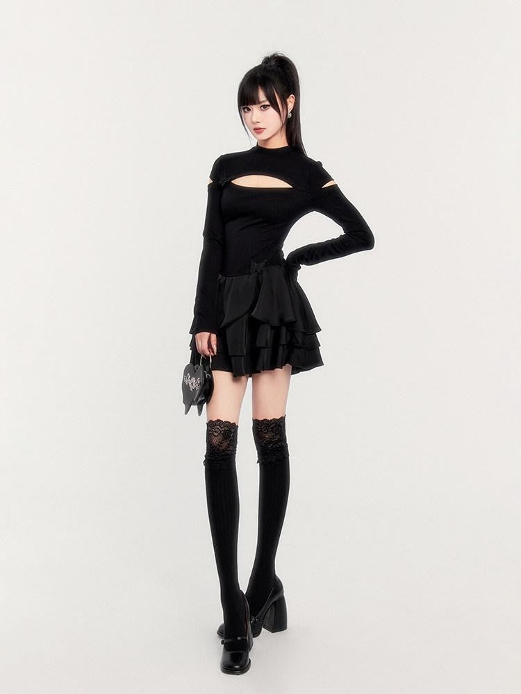 VOCK Dark Cutout Butterfly Satin Mock Neck Women's Knitted Corset Mini Dresses