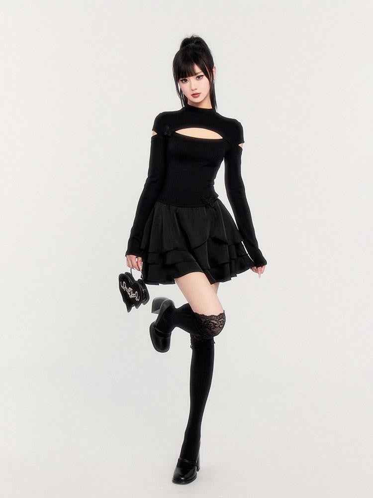 VOCK Dark Cutout Butterfly Satin Mock Neck Women's Knitted Corset Mini Dresses
