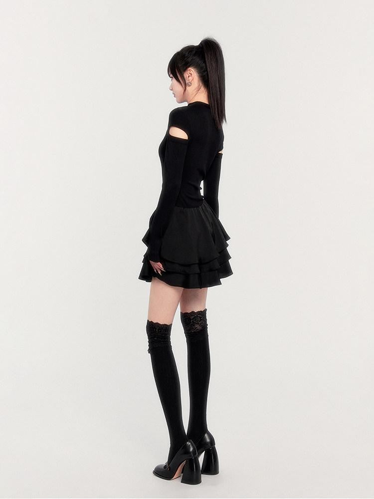 VOCK Dark Cutout Butterfly Satin Mock Neck Women's Knitted Corset Mini Dresses