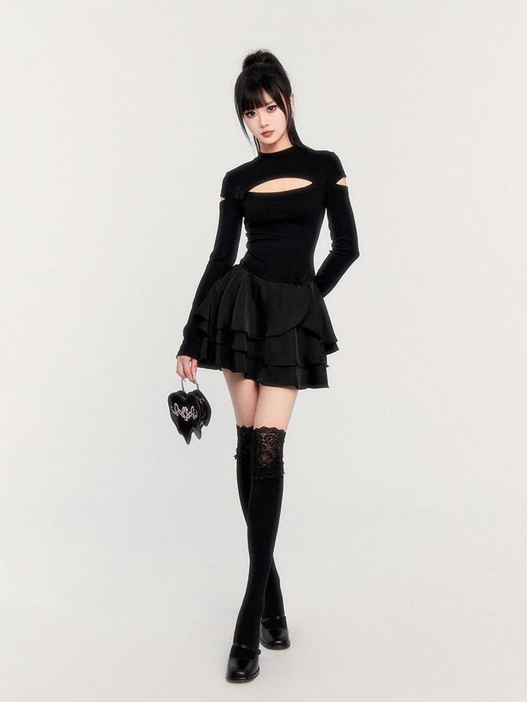 VOCK Dark Cutout Butterfly Satin Mock Neck Women's Knitted Corset Mini Dresses