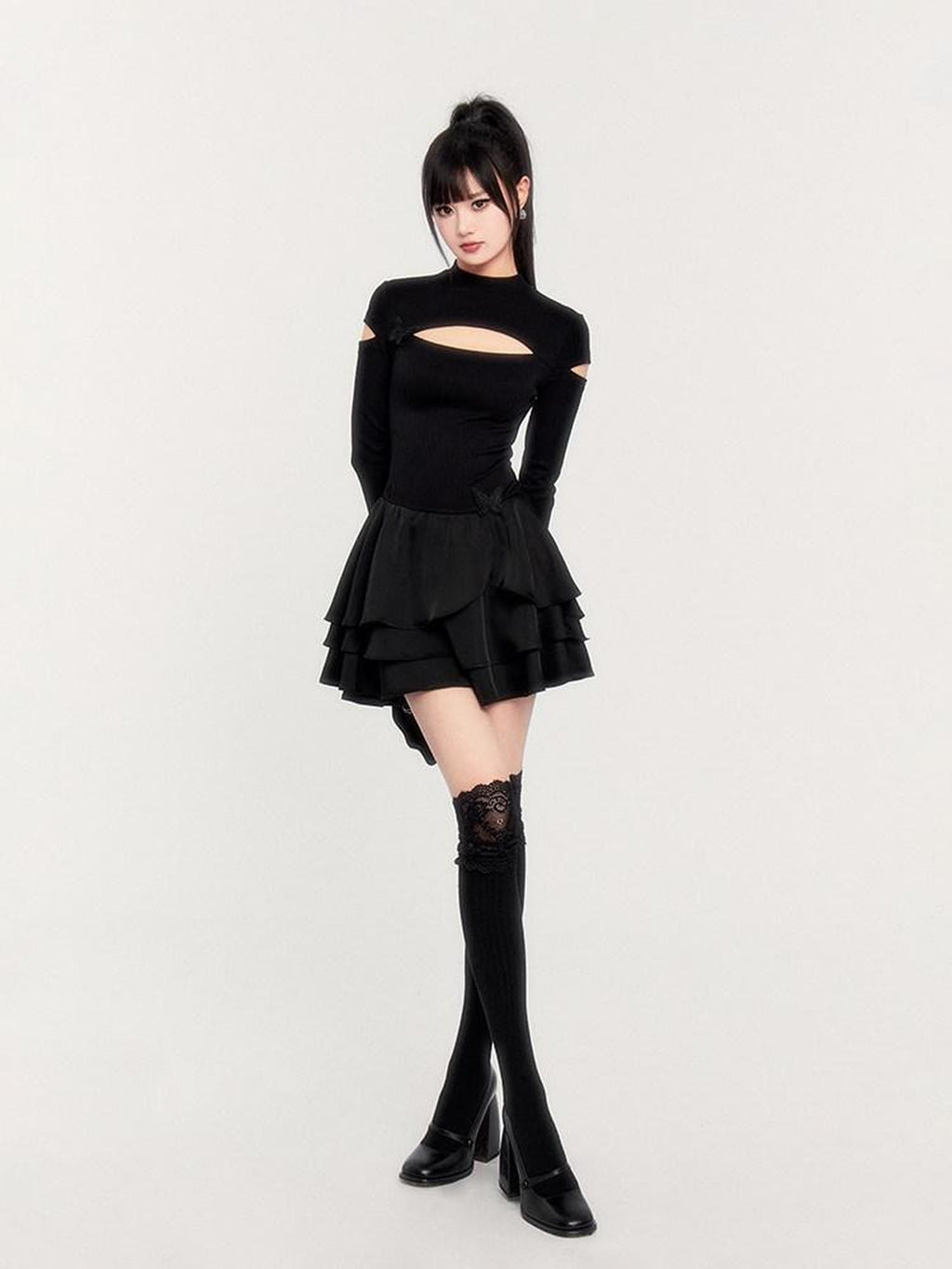 VOCK Dark Cutout Butterfly Satin Mock Neck Women's Knitted Corset Mini Dresses