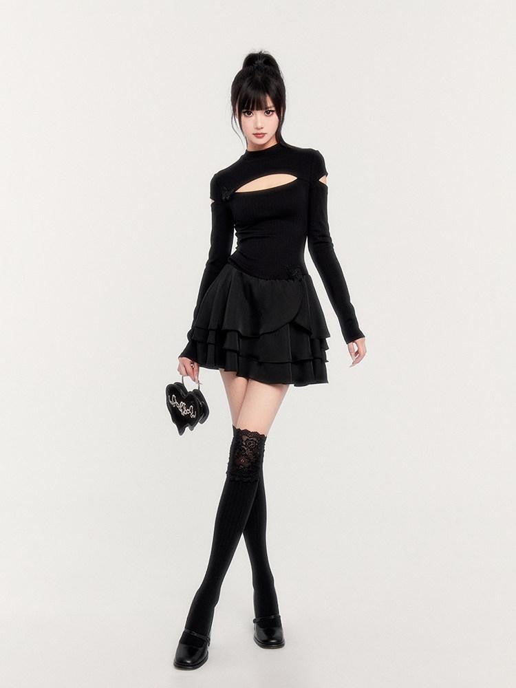 VOCK Dark Cutout Butterfly Satin Mock Neck Women's Knitted Corset Mini Dresses