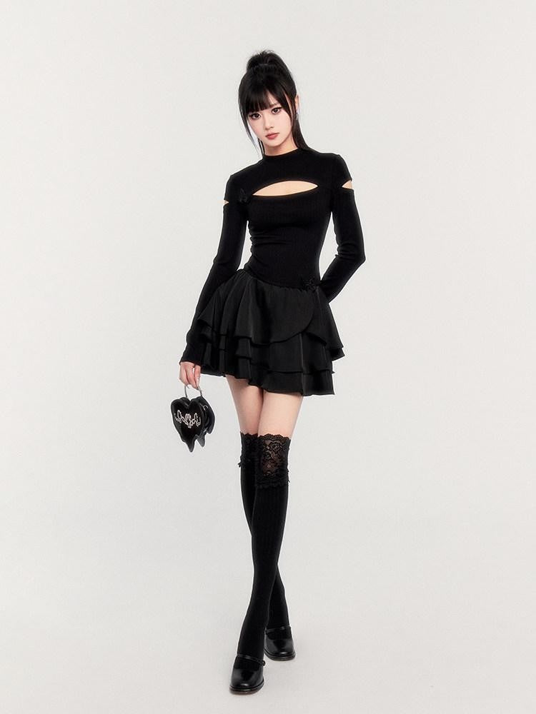 VOCK Dark Cutout Butterfly Satin Mock Neck Women's Knitted Corset Mini Dresses