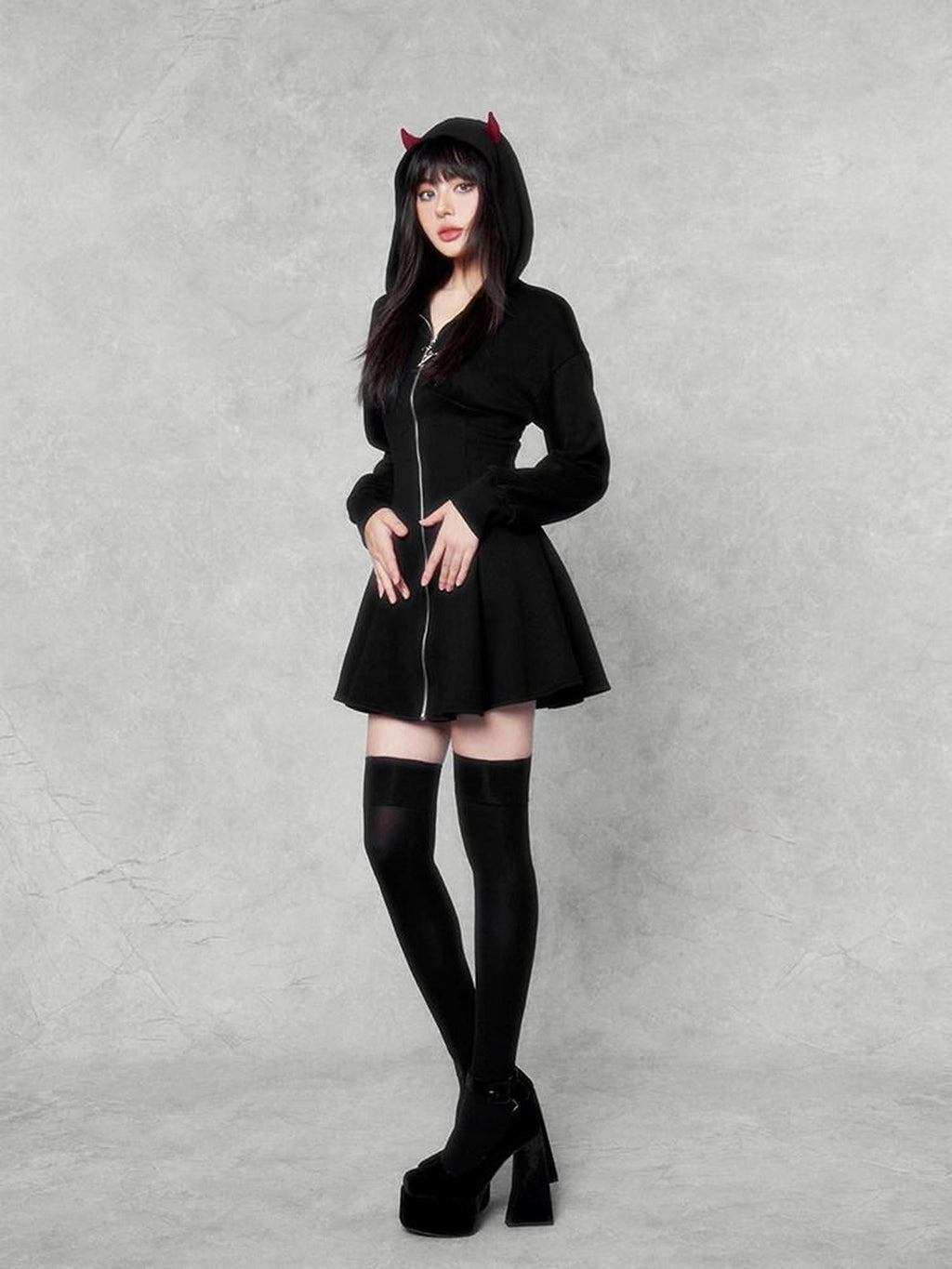 VOCK Dark Devil Hooded Zip Cinched Waist Aline Women's Cotton Corset Mini Dresses