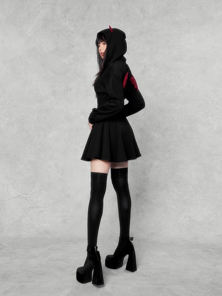 VOCK Dark Devil Hooded Zip Cinched Waist Aline Women's Cotton Corset Mini Dresses