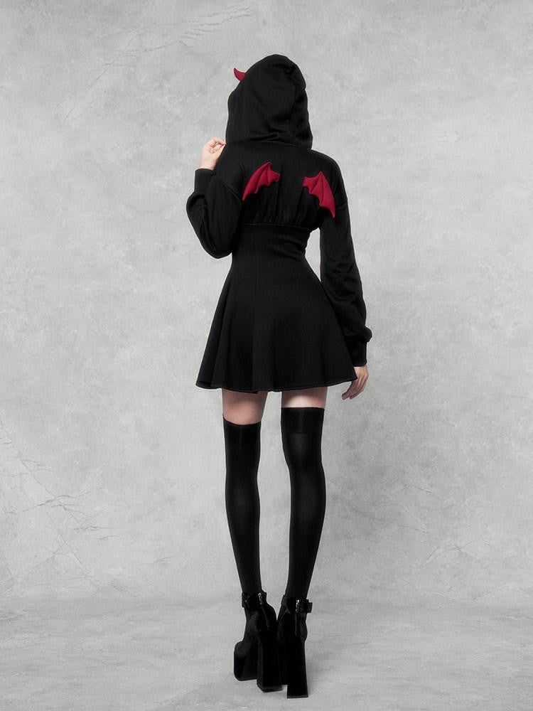 VOCK Dark Devil Hooded Zip Cinched Waist Aline Women's Cotton Corset Mini Dresses