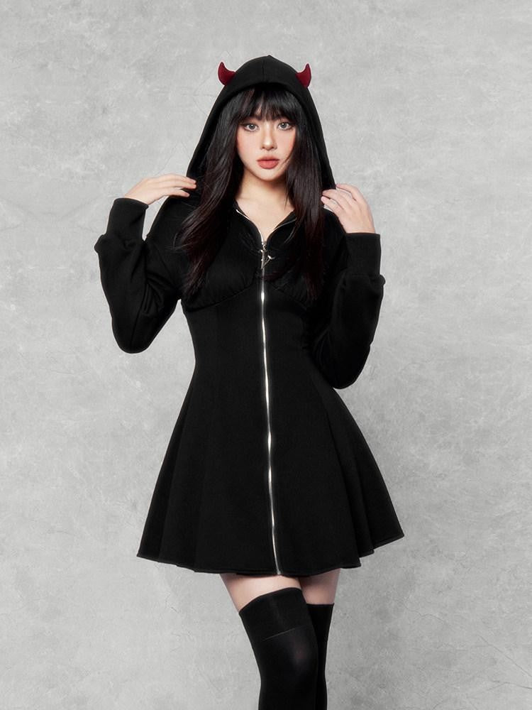 VOCK Dark Devil Hooded Zip Cinched Waist Aline Women's Cotton Corset Mini Dresses
