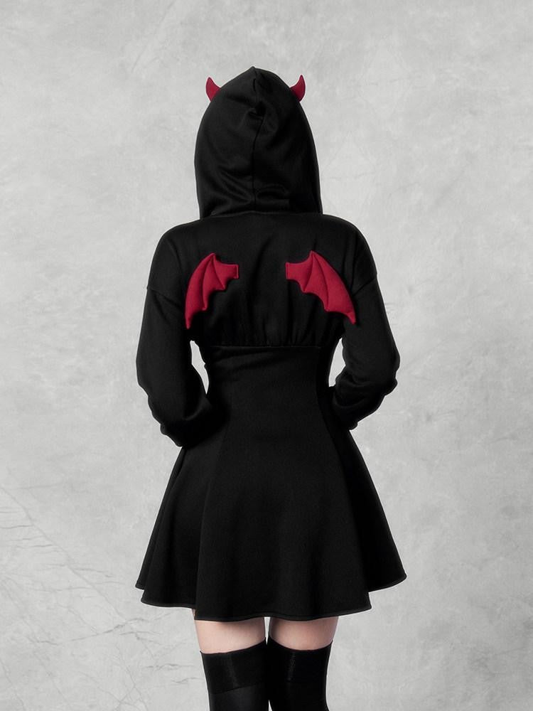 VOCK Dark Devil Hooded Zip Cinched Waist Aline Women's Cotton Corset Mini Dresses