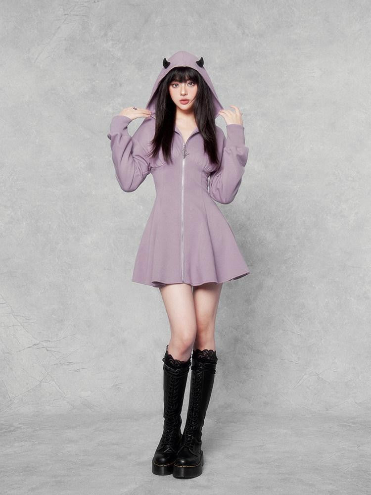 VOCK Dark Devil Hooded Zip Cinched Waist Aline Women's Cotton Corset Mini Dresses