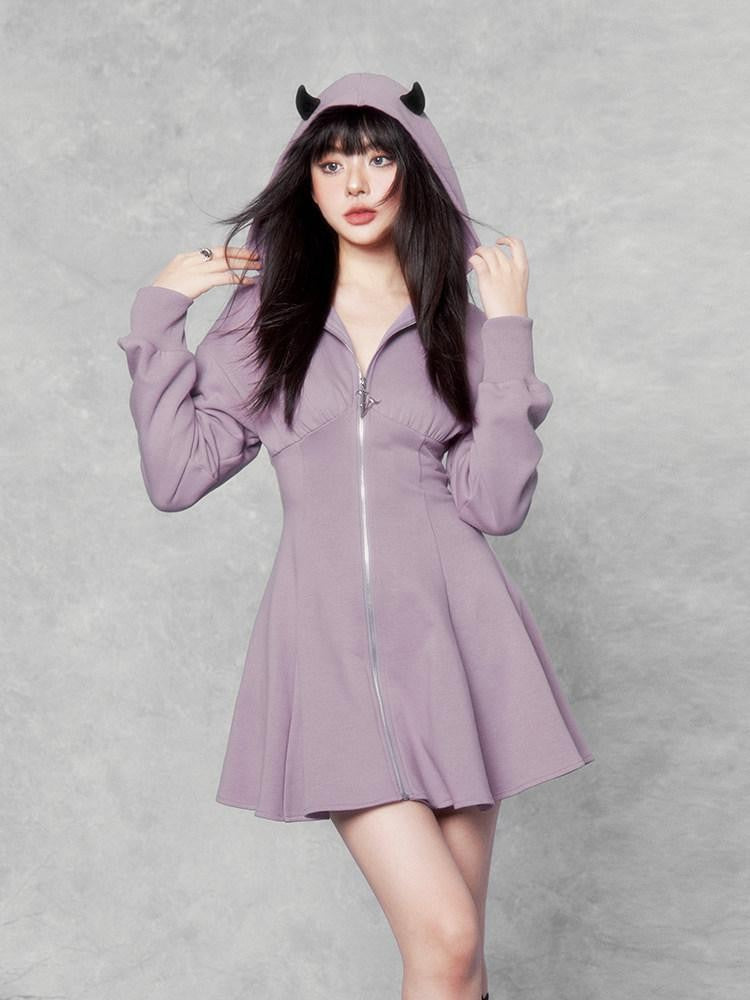 VOCK Dark Devil Hooded Zip Cinched Waist Aline Women's Cotton Corset Mini Dresses