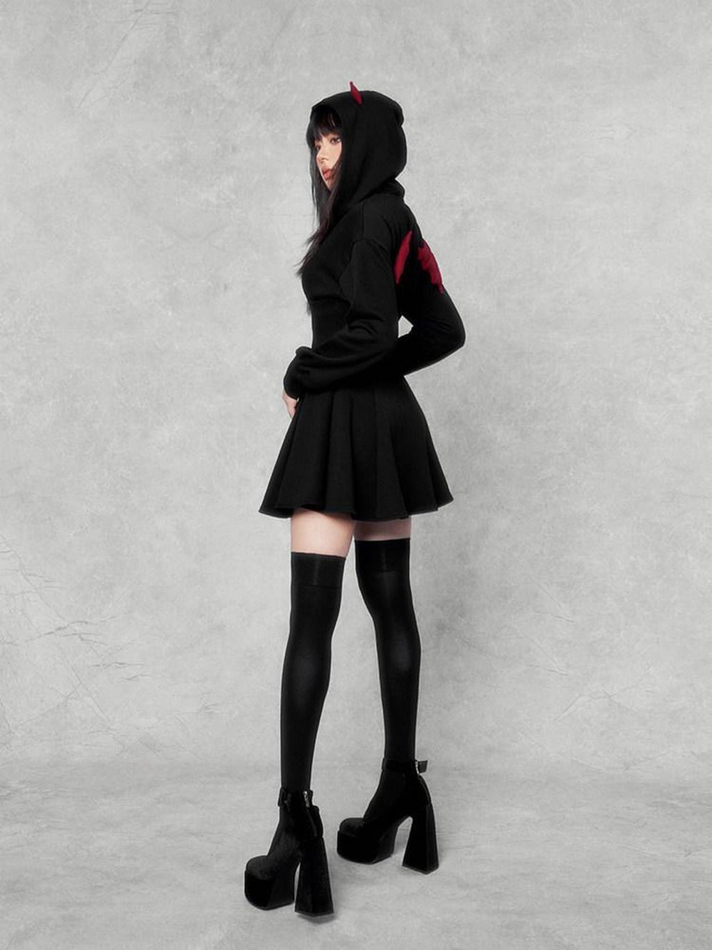 VOCK Dark Devil Hooded Zip Cinched Waist Aline Women's Cotton Corset Mini Dresses
