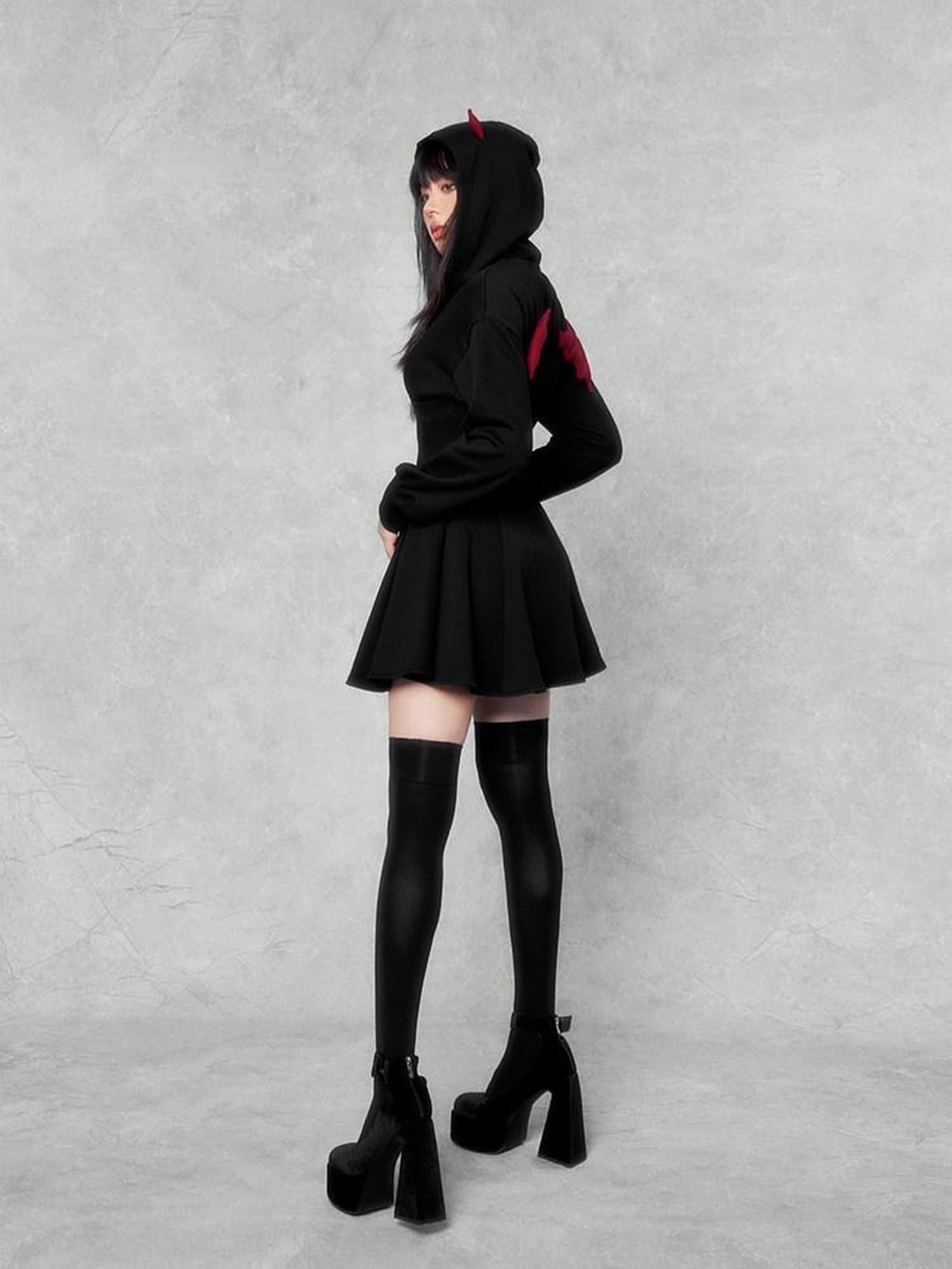 VOCK Dark Devil Hooded Zip Cinched Waist Aline Women's Cotton Corset Mini Dresses