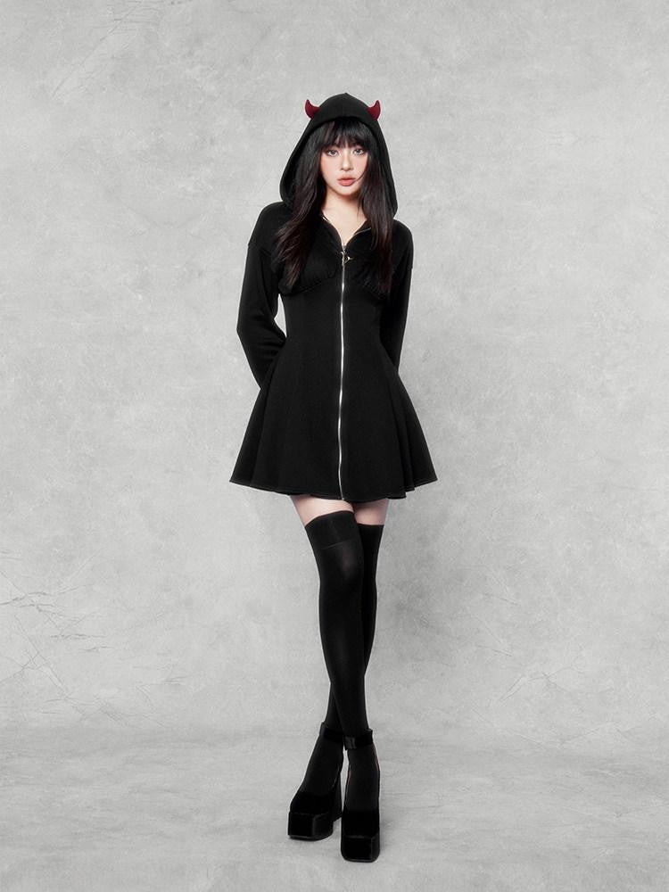 VOCK Dark Devil Hooded Zip Cinched Waist Aline Women's Cotton Corset Mini Dresses