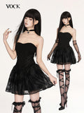 VOCK Dark Gothic Doll Boned Puff Women's Flocked Cotton Blend Tube Mini Dresses