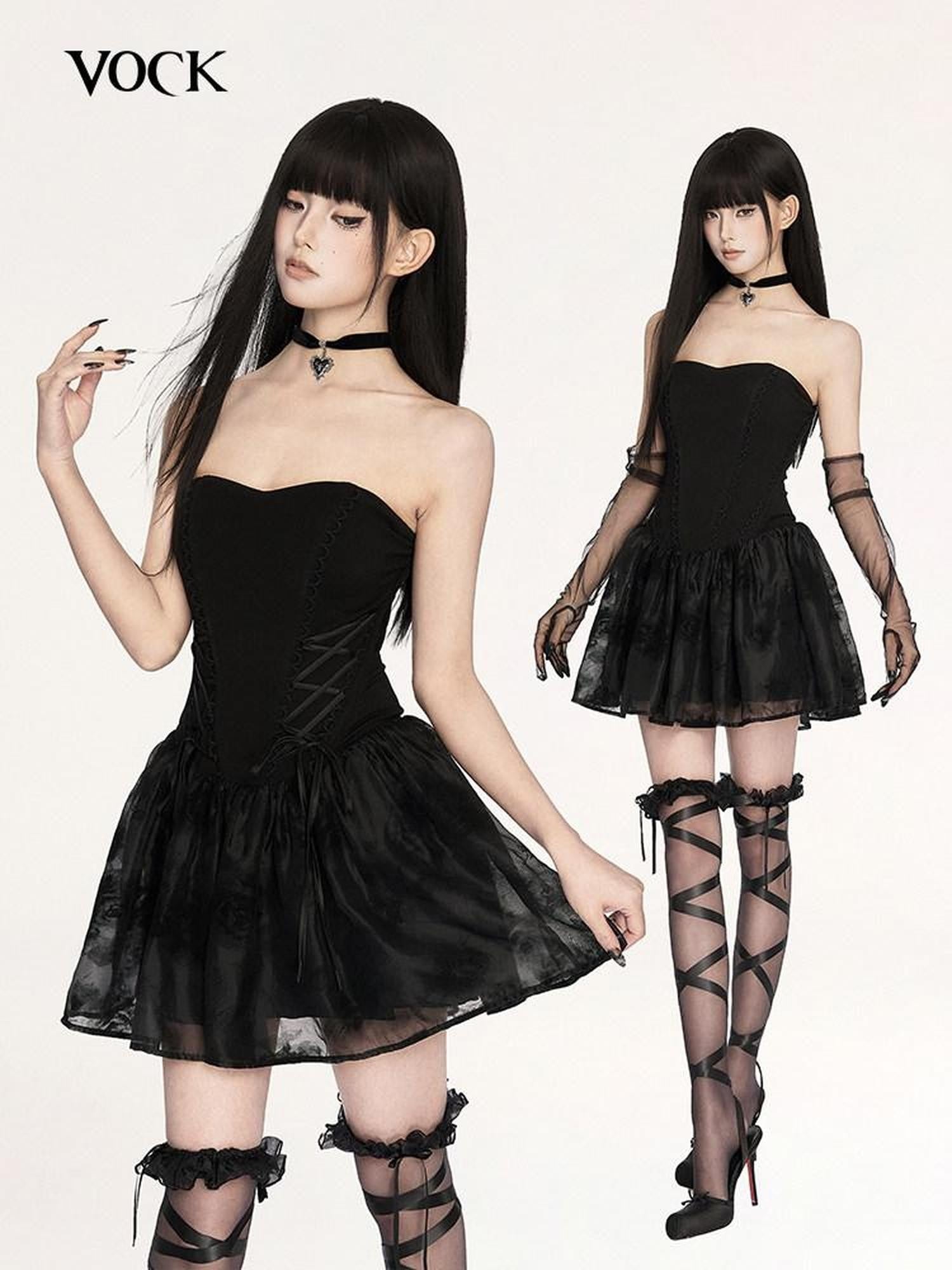 VOCK Dark Gothic Doll Boned Puff Women's Flocked Cotton Blend Tube Mini Dresses