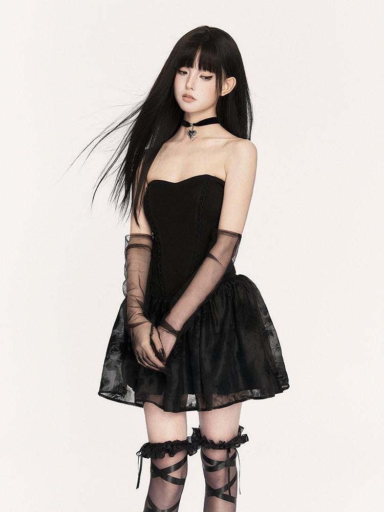VOCK Dark Gothic Doll Boned Puff Women's Flocked Cotton Blend Tube Mini Dresses