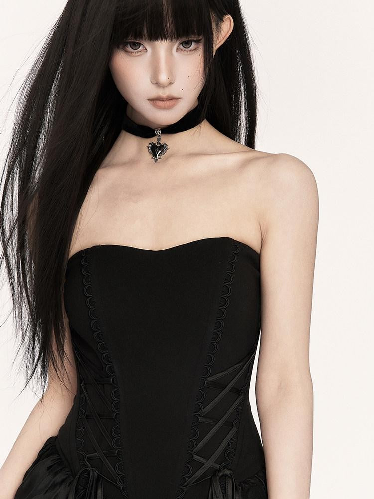 VOCK Dark Gothic Doll Boned Puff Women's Flocked Cotton Blend Tube Mini Dresses