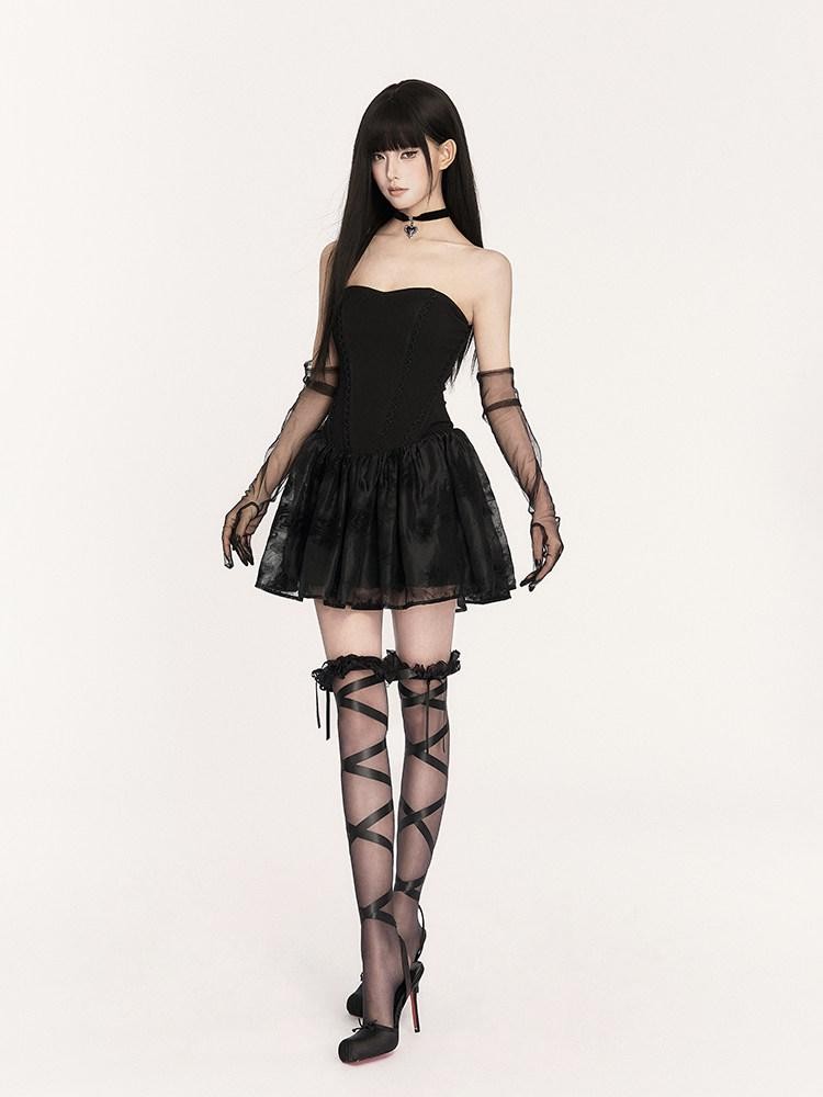 VOCK Dark Gothic Doll Boned Puff Women's Flocked Cotton Blend Tube Mini Dresses