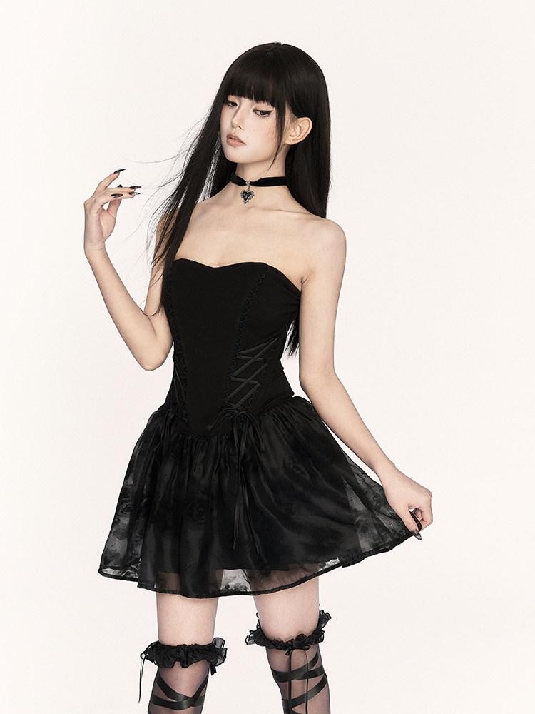 VOCK Dark Gothic Doll Boned Puff Women's Flocked Cotton Blend Tube Mini Dresses
