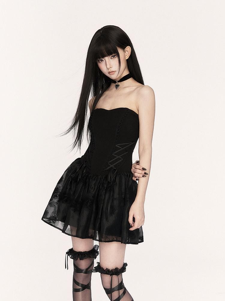 VOCK Dark Gothic Doll Boned Puff Women's Flocked Cotton Blend Tube Mini Dresses
