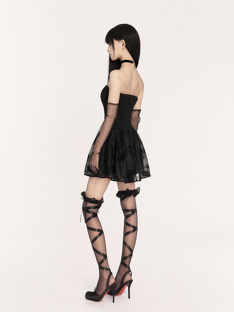 VOCK Dark Gothic Doll Boned Puff Women's Flocked Cotton Blend Tube Mini Dresses